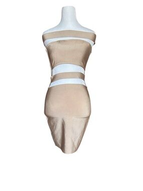 Femme Los Angeles Bandage Cut Out Mini Dress Beige Tan Off Shoulder Size Large